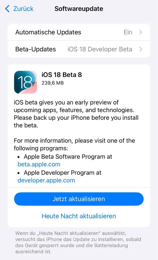 玛纳斯苹果手机维修分享苹果 iOS / iPadOS 18 开发者预览版 Beta 8 发布 